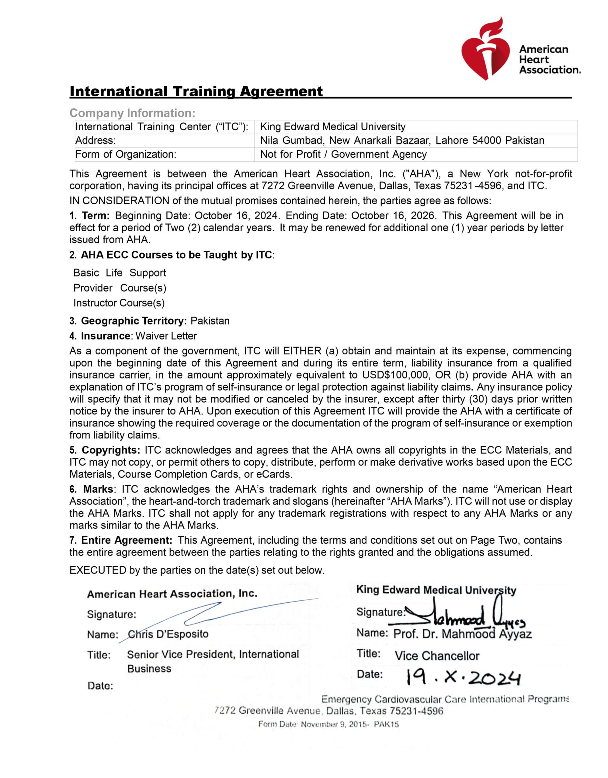 AHA-KEMU Agreement Letter